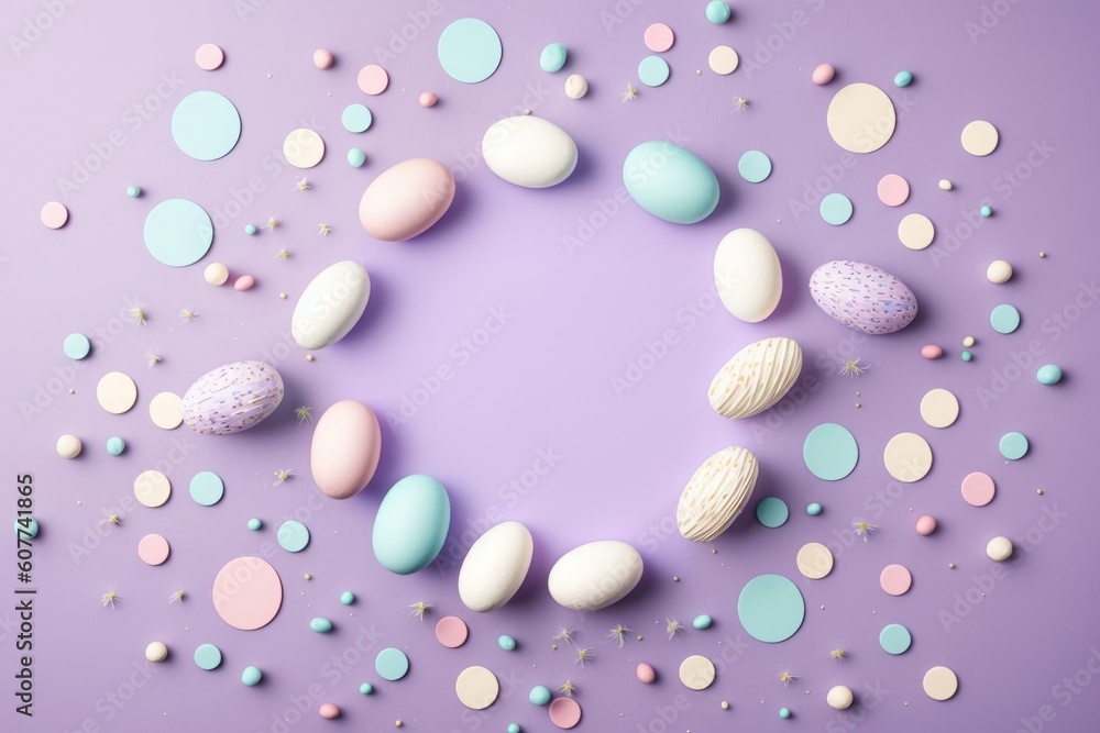 Easter concept. Top view photo of empty circle colorful pink blue white easter eggs and confetti on isolated pastel violet background with copyspace in the middle, Generative AI Easter concept. Top view photo of empty circle colorful pink blue white easter eggs and confetti on isolated pastel violet background with copyspace in the middle, Generative AI