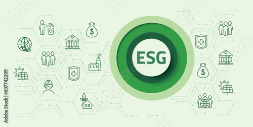 ESG. Environmental, Social and Governance. Banner, vector illustration in a circle on a green background. The concept of responsible business.