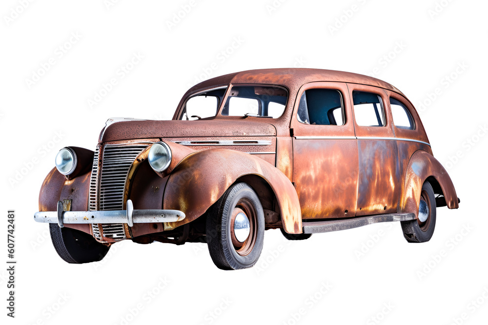 Old abandoned rusty vintage car isolated on transparent background. Generative AI