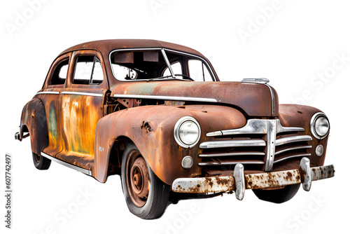 Old abandoned rusty vintage car isolated on transparent background. Generative AI