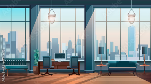 panoramic view of modern loft interior open space home office with furniture for corporate or freelance work