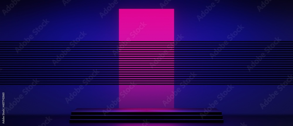 Fototapeta premium 3d illustration rendering of futuristic cyberpunk display, gaming scifi stage pedestal background, gamer banner sign of neon glow stand podium for product
