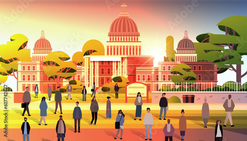multiethnic people group standing near governmental building mix race men women crowd walking outdoor