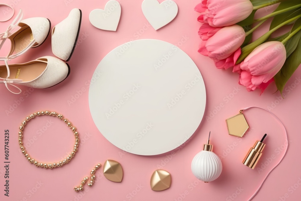 Women's Day concept. Top view photo of white circle heart shaped giftbox tulips trendy high heel shoes gold rings necklace cosmetic brushes eyeshadow on isolated pastel pink background, Generative AI