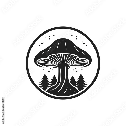 Fly agaric. Poison mushroom. Ink vector illustration. Linocut print. Black monochrome design. Botanic, nature. Vector illustration