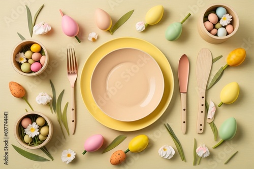 Easter concept. Top view photo of empty plates cutlery colorful easter eggs ceramic bunnies yellow and pink tulips and wooden egg holder on isolated pastel beige background, Generative AI