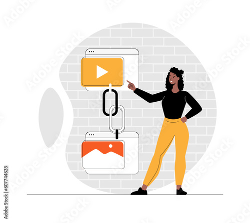 Link building concept. Woman use search engine optimization, SEO, hyperlink connection between online websites. Illustration with people scene in flat design for website and mobile development.