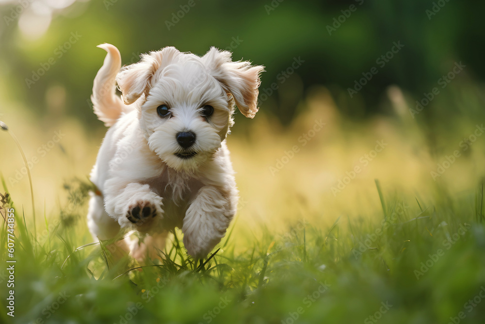 Cute white fluffy Maltese puppy dog running freely in lush green grass in summer, generative ai