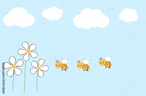White cloud and bee cartoons on blue sky background vector illustration.