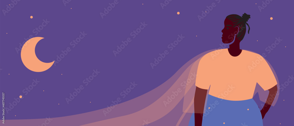 Fototapeta premium African woman at dusk contemplates the moon as a beauty in nature concept, copy space backdrop, flat vector stock illustration
