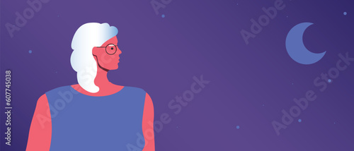 An old woman looks to the sky as a concept of religion, faith in god, prayer and copy space template or flat vector stock illustration