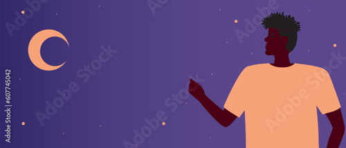 African man looks up to the sky as a concept of religion, belief in god, prayer and copy space template or flat vector stock illustration