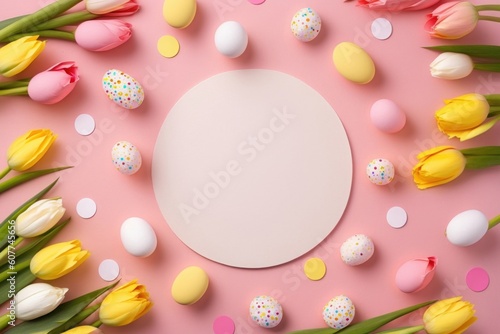Easter concept. Top view photo of empty circle yellow white and pink tulips colorful easter eggs and sprinkles on isolated pastel pink background with, Generative AI