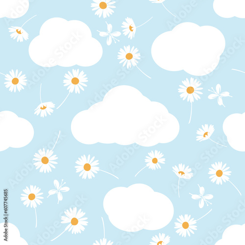 Seamless pattern with daisy flower, cloud and butterflies on blue sky background vector.
