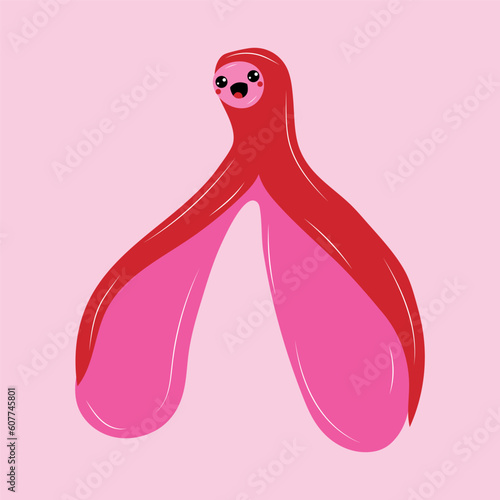 Reproductive system of the clitoris with kawaii eyes. Clitoral glans.Feminism theme and female genital organs. Vector in cartoon style.