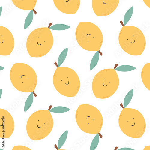 Fototapeta Naklejka Na Ścianę i Meble -  Childish seamless pattern with cute lemons. Retro pattern with lemons. Vector illustration. Groovy kids print with lemon