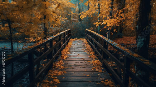 a bridge in a forest with fallen leaves. Generative Ai