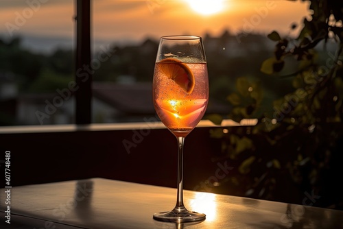 Illustration of a refreshing cocktail in a glass closeup  sunset background. Generative AI
