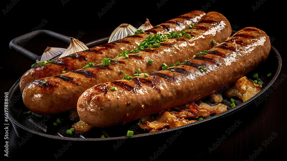 Grilled sausage with garlic and onions. Generative Ai