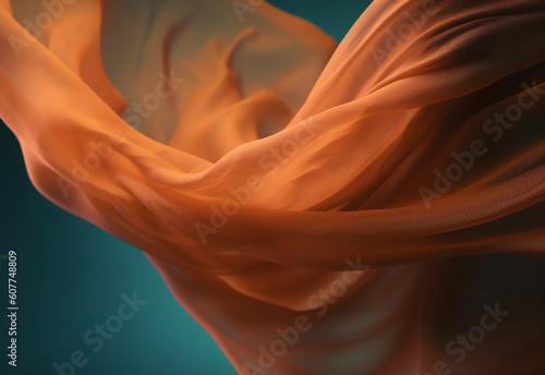 Elegant fashion flying satin silk cloth design for product display. Orange and blue colored cloth piece of fabric on beige background. generative AI
