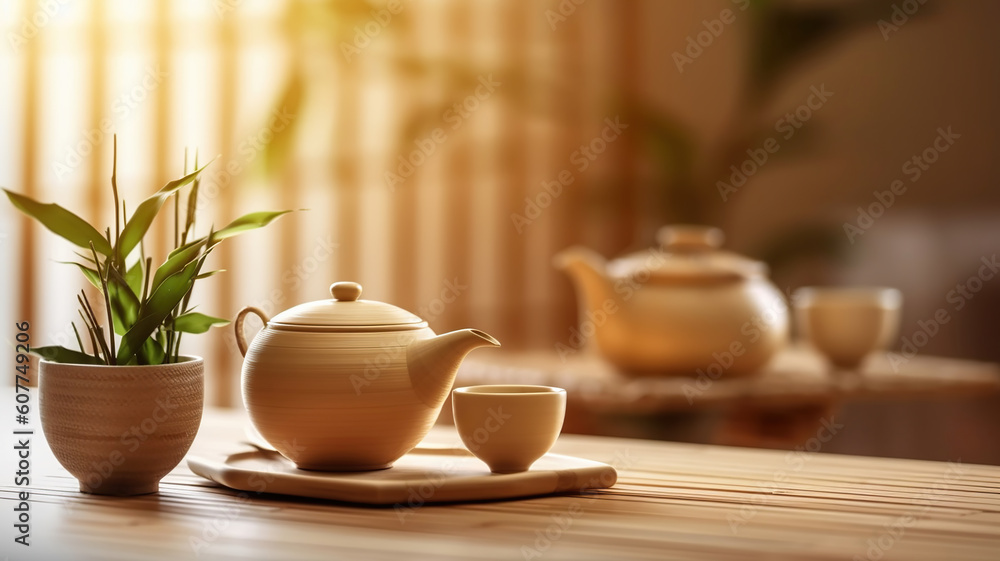 Teapot and cups on table with bamboo leaves. Generative Ai