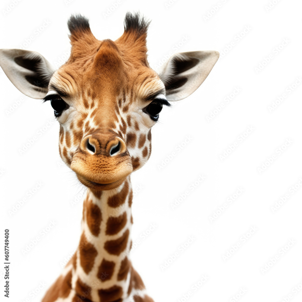 Fototapeta premium Cute baby giraffe isolated on a white background. Generative AI
