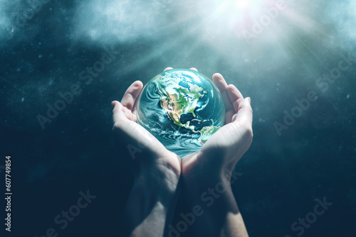 Human's hands holding Earth, Earth day and ecology concepts, Generative AI