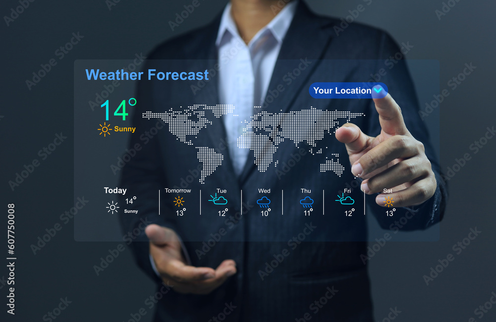 News anchor or businessman reporting weather and checking weather around the world with virtual screen and weather dashboard. Warn people with weather reports to prevent losses from natural disasters. News anchor or businessman reporting weather and checking weather around the world with virtual screen and weather dashboard. Warn people with weather reports to prevent losses from natural disasters.