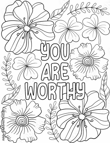 Inspirational words coloring sheet with a set of floral elements and positive words for adults and kids