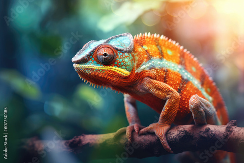 Close-up of colorful chameleon on the branch, Generative AI