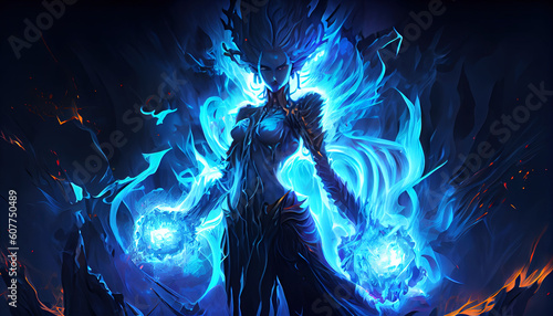 blue fiery fantasy goddess