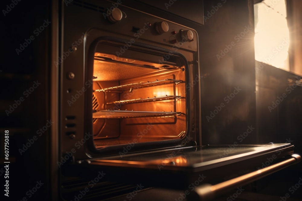 oven with warm glow and steam escaping, ready for baking or roasting, created with generative ai oven with warm glow and steam escaping, ready for baking or roasting, created with generative ai