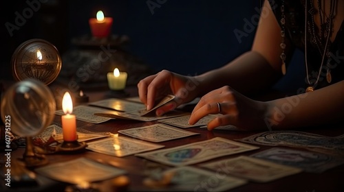 fortune telling, spiritualism seance by tarot cards and crystal globes under candle light Generative AI