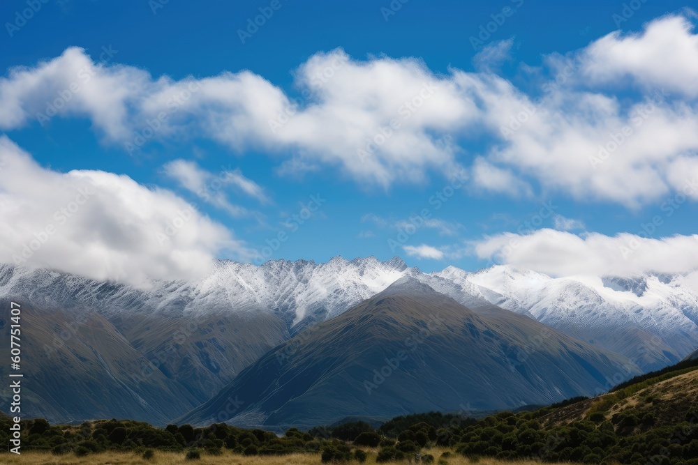 view of majestic mountain range, with clear blue skies and fluffy clouds overhead, created with generative ai