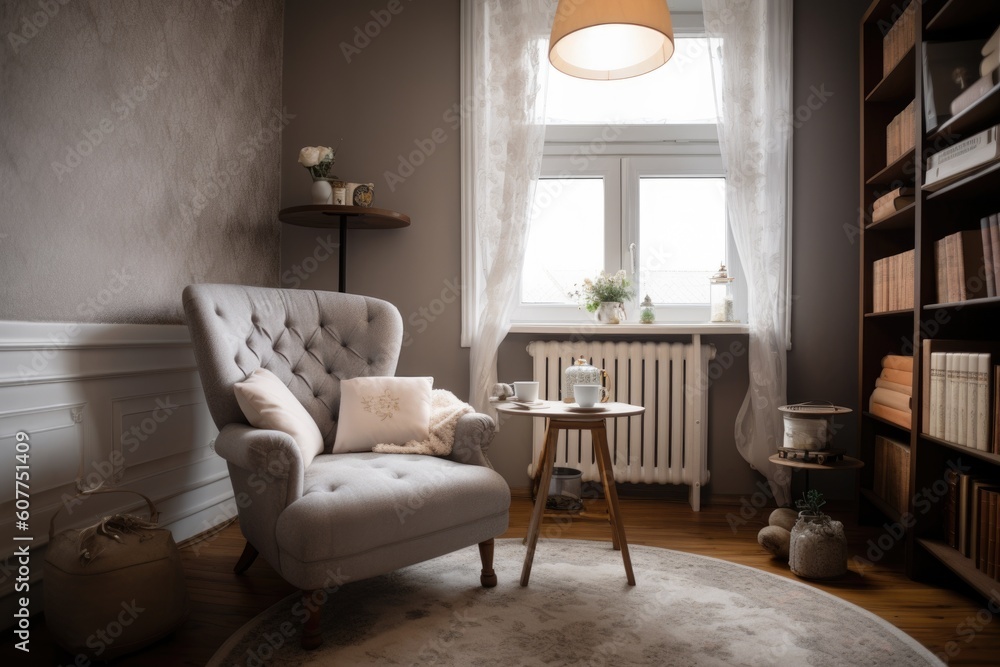 Fototapeta premium cozy reading nook with armchair, bookshelf, and tea kettle for warm cups of tea, created with generative ai
