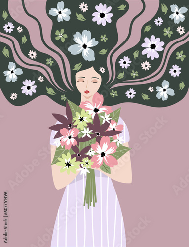Vector illustration of a girl with a bouquet of flowers and flowers in her hair. The image is suitable for print on clothes, postcards, banners. Background for the concept of beauty, women's health.