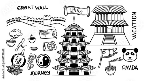 China doodle hand drawn set objects, travel drawing collection. Vector illustration vacation, temple building, destination and symbols icon pack. Natural sketch draw on white background.