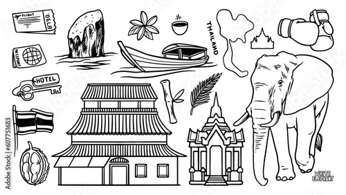 Travel to Thailand doodle set icons. Hand drawing sketch of objects. Sail boat, elephant, and ancient pagoda destination. Architectural building in east asia.