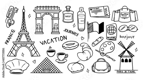Travel to France doodle set icons vector. Simple hand drawing sketch buildings and national objects.