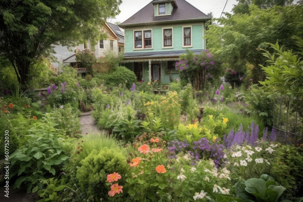 cottage garden filled with lush greenery and colorful blooms, created with generative ai