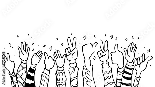 hand drawing of hands up, clapping ovation. applause, thumbs up and peace gesture on doodle handdrawn style , vector illustration, cartoon black white background.