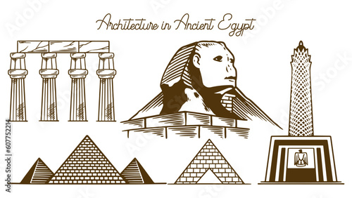 Egypt buildings set sketch vector illustration. Hand drawn ancient architectural temple and statue.