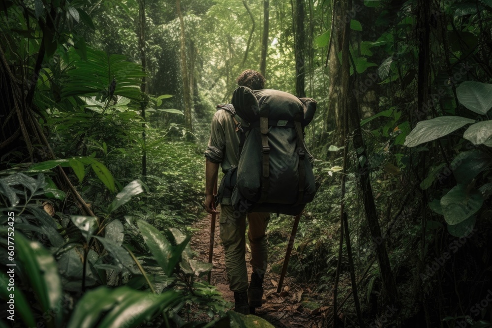 adventure traveler making their way through dense jungle, with backpack on their back and machete in hand, created with generative ai - obrazy, fototapety, plakaty 