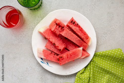 Top view of sliced watermelon on plate summer food