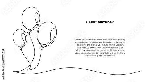 Continuous one line art birthday celebration balloon. Holiday party decoration Concept design, sketch outline drawing vector illustration.