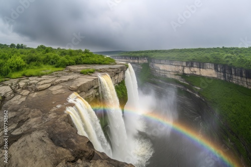 view of waterfall with rainbow  captured during stormy weather  created with generative ai