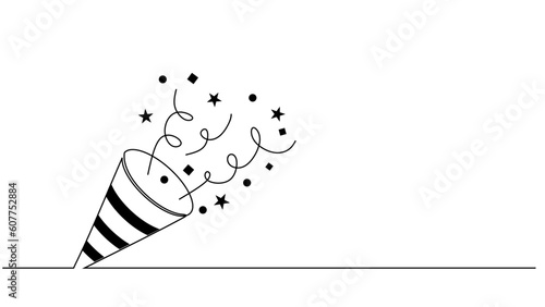 Continuous line drawing party popper. Celebration object, festive icon and carnival symbol. Minimalist one hand drawn sketch art.