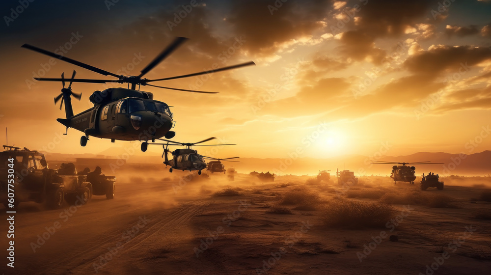 Military and helicopter troops on the way to the battlefield at sunset Military and helicopter troops on the way to the battlefield at sunset