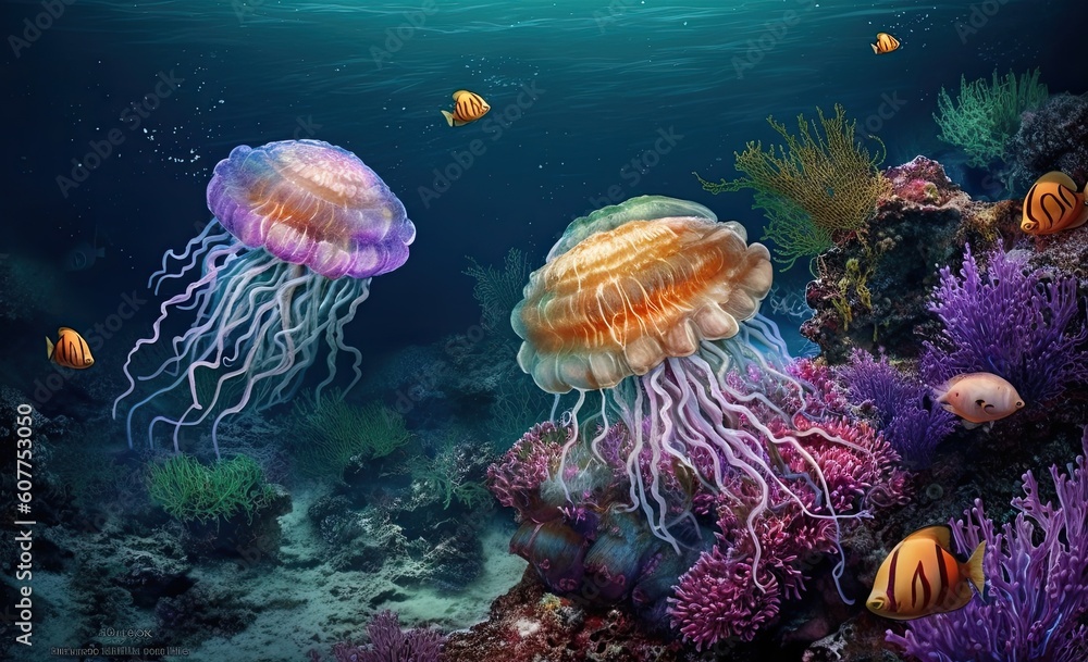 Naklejka premium Two large jellyfish among the fish at depth. Generate Ai Generative AI