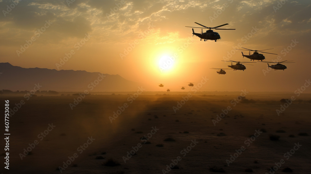 Military and helicopter troops on the way to the battlefield at sunset Military and helicopter troops on the way to the battlefield at sunset